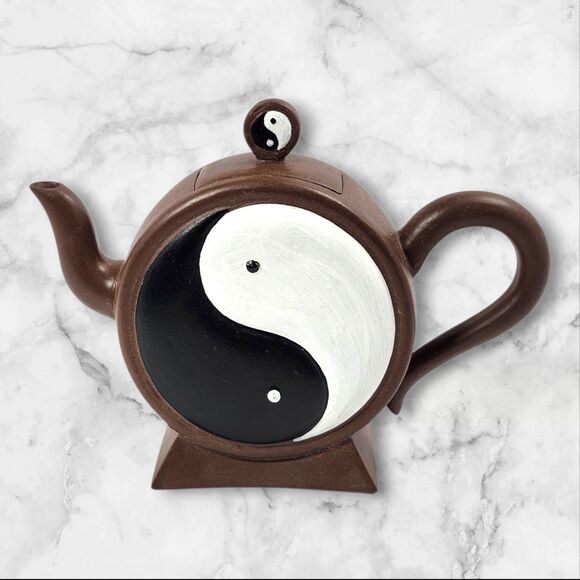 Yin Yang Brown Ceramic Decorative Teapot Figurine Black & White Tao Symbol 7.5" - Picture 4 of 11